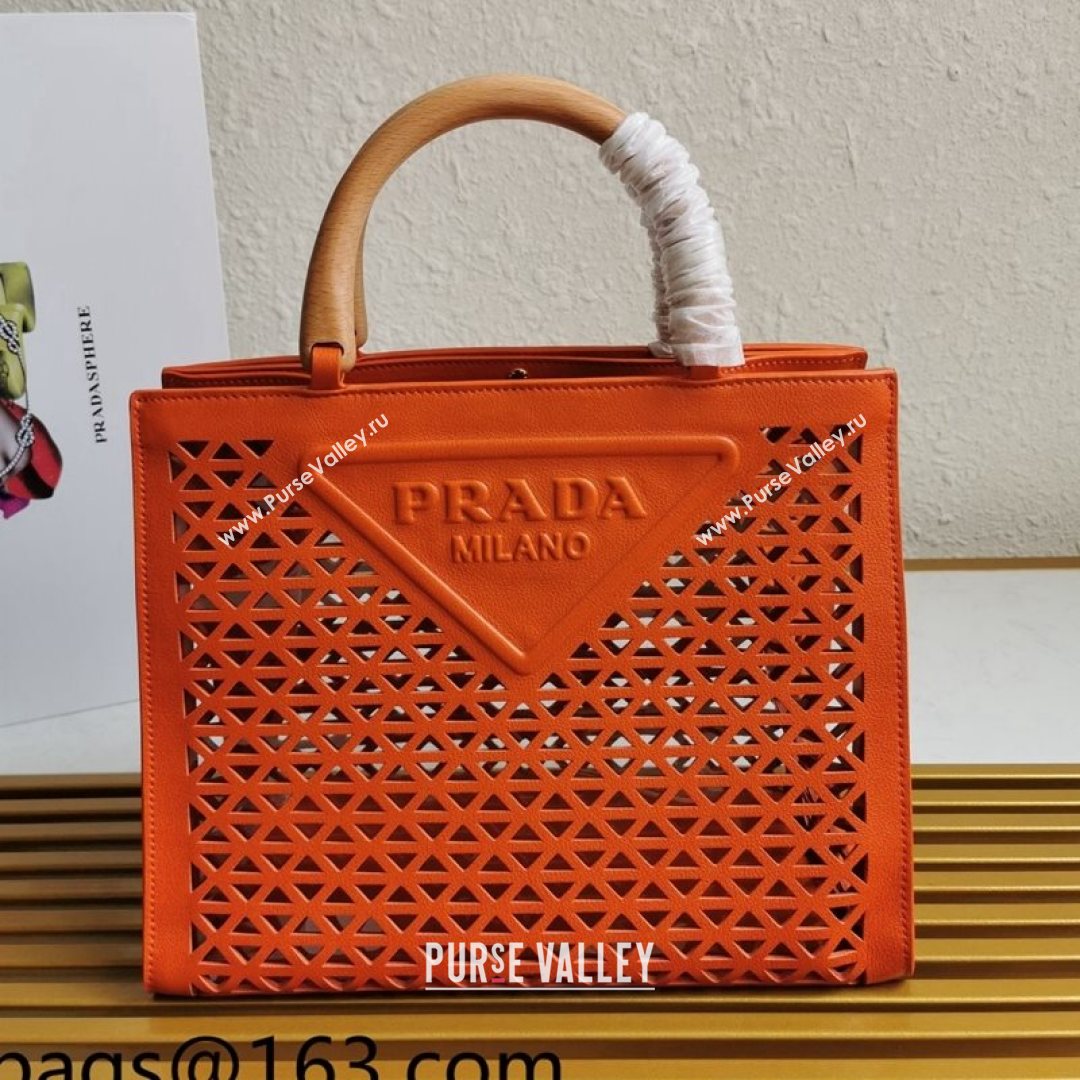 Prada Drill Cutout Calfskin Wood Tote Bag 1BG405 Orange 2021 (XXG-21080344)