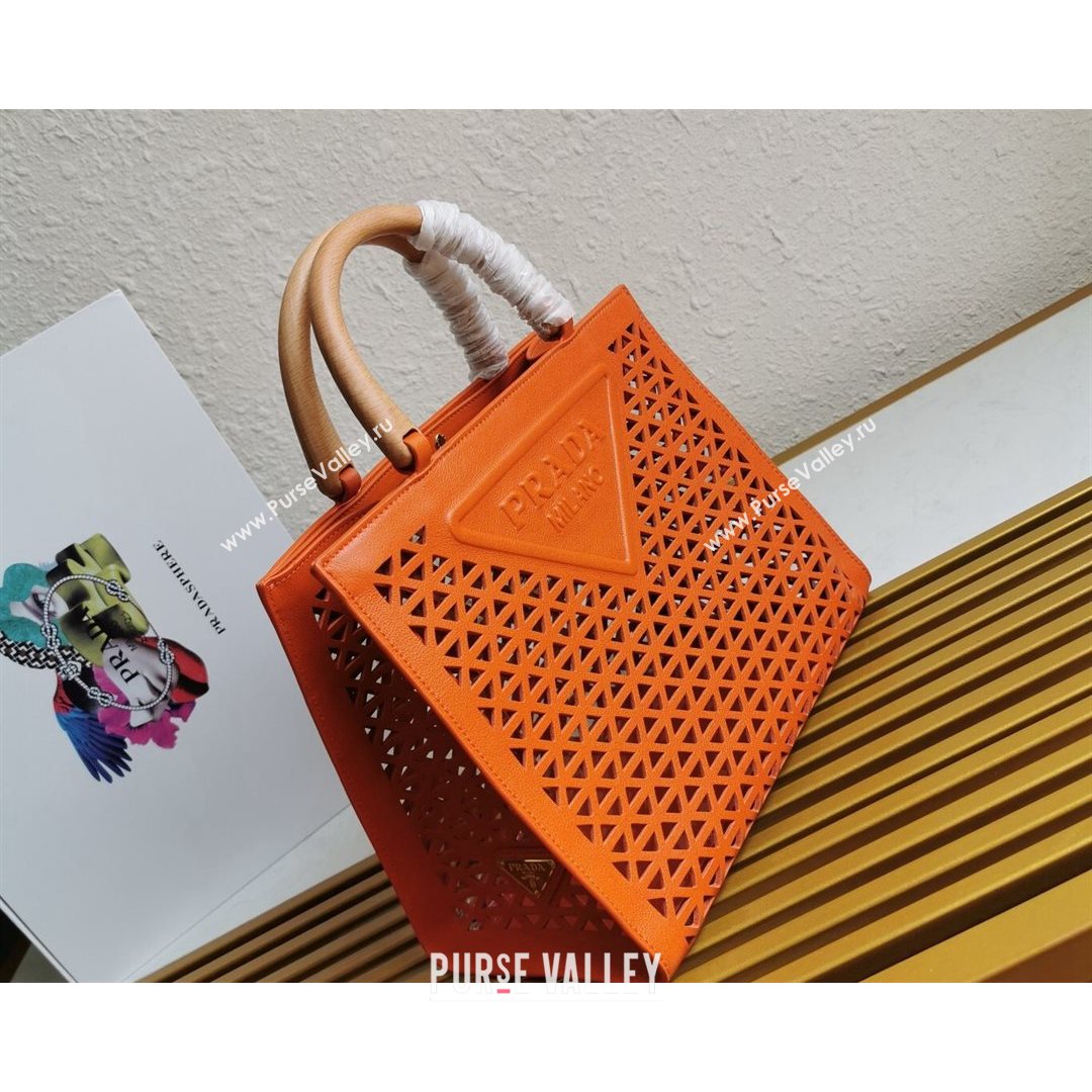 Prada Drill Cutout Calfskin Wood Tote Bag 1BG405 Orange 2021 (XXG-21080344)