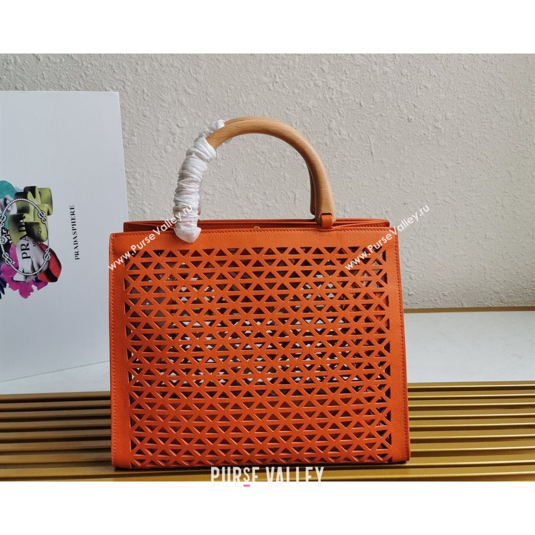 Prada Drill Cutout Calfskin Wood Tote Bag 1BG405 Orange 2021 (XXG-21080344)