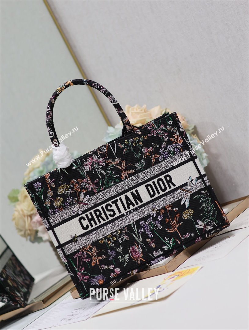 Dior Medium Book Tote Bag Bag in Multicolor Dior Herbarium Embroidery Black 2024 (DMZ-24062804)