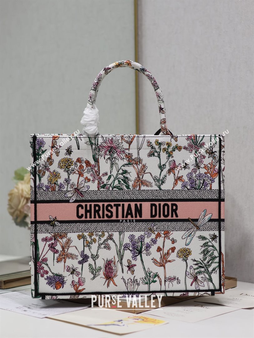 Dior Large Book Tote Bag Bag in Multicolor Dior Herbarium Embroidery White 2024 (DMZ-24062805)