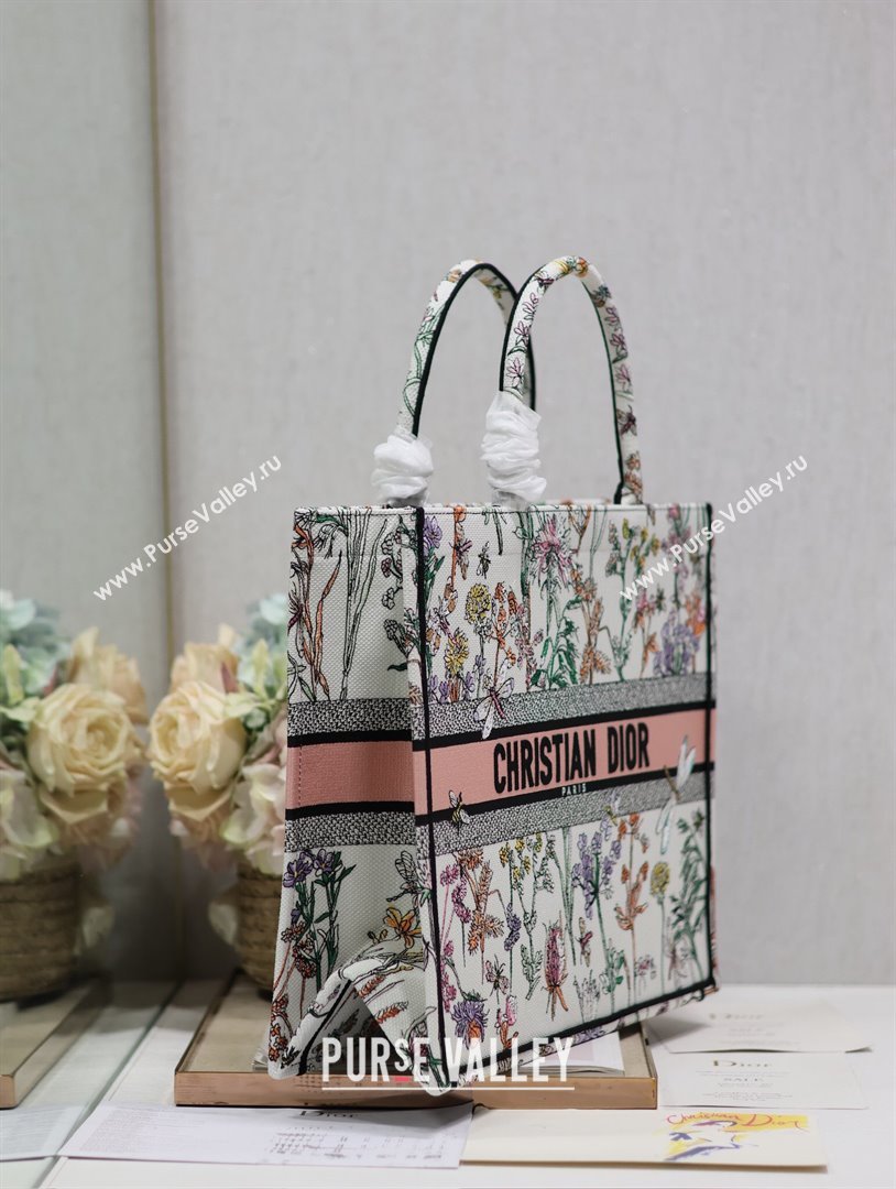 Dior Large Book Tote Bag Bag in Multicolor Dior Herbarium Embroidery White 2024 (DMZ-24062805)