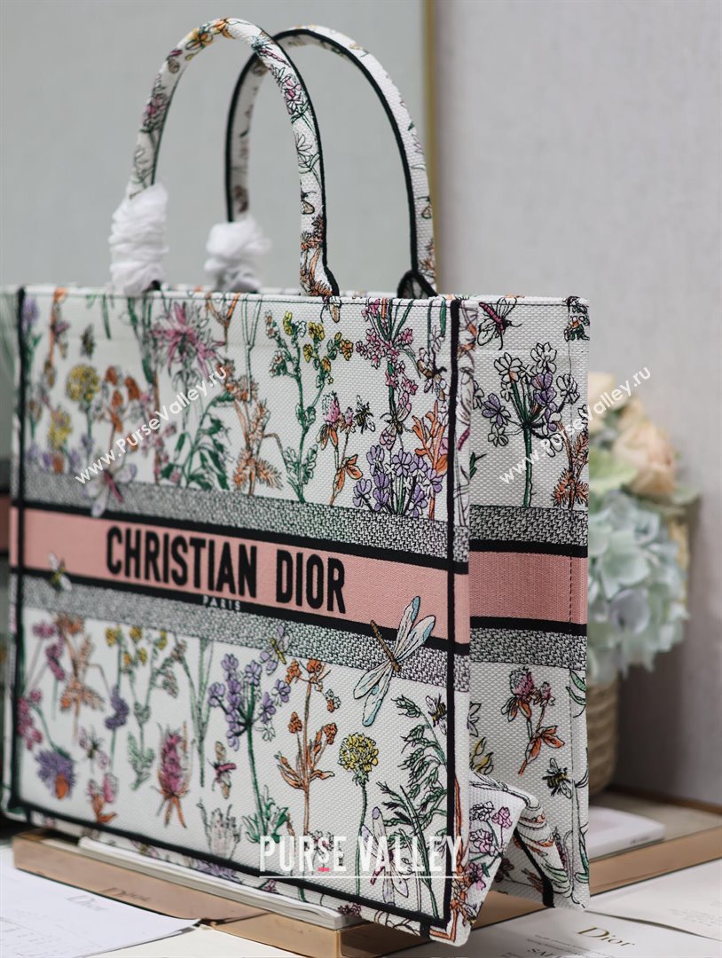 Dior Large Book Tote Bag Bag in Multicolor Dior Herbarium Embroidery White 2024 (DMZ-24062805)