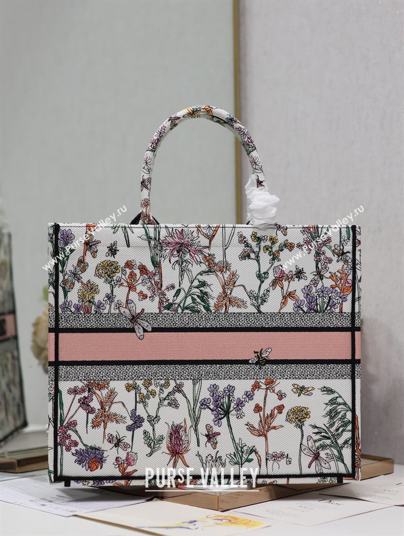 Dior Large Book Tote Bag Bag in Multicolor Dior Herbarium Embroidery White 2024 (DMZ-24062805)