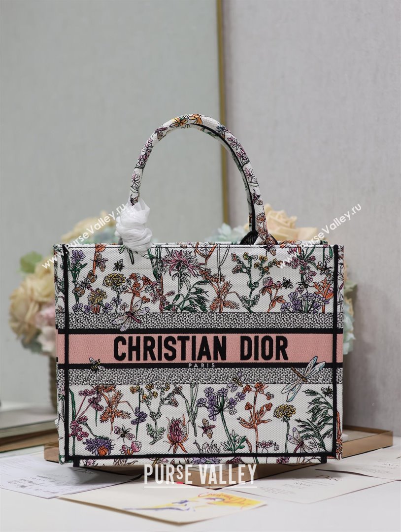 Dior Medium Book Tote Bag Bag in Multicolor Dior Herbarium Embroidery White 2024 (DMZ-24062806)