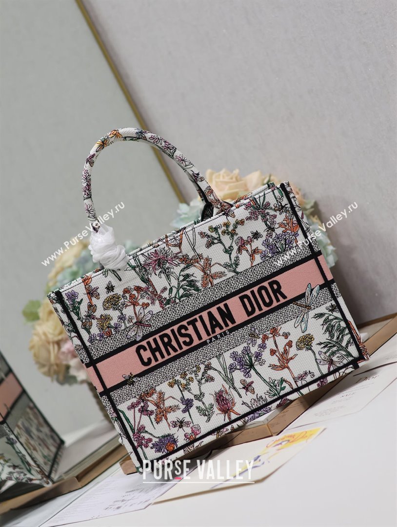 Dior Medium Book Tote Bag Bag in Multicolor Dior Herbarium Embroidery White 2024 (DMZ-24062806)