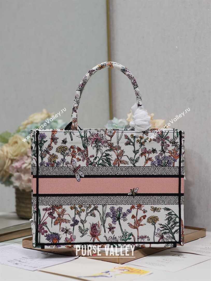 Dior Medium Book Tote Bag Bag in Multicolor Dior Herbarium Embroidery White 2024 (DMZ-24062806)