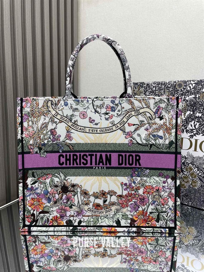 Dior Large Book Tote Bag Bag in Ecru Multicolor Dior 4 Saisons Éte Soleil Purple 2024 (DMZ-24062807)