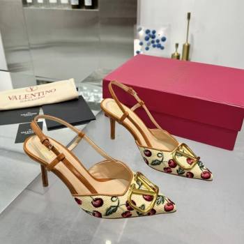 Valentino VLogo Signature Cherryfic Slingback Pumps 8cm in Jacquard Synthetic Raffia Brown 2025 (XL-250428038)