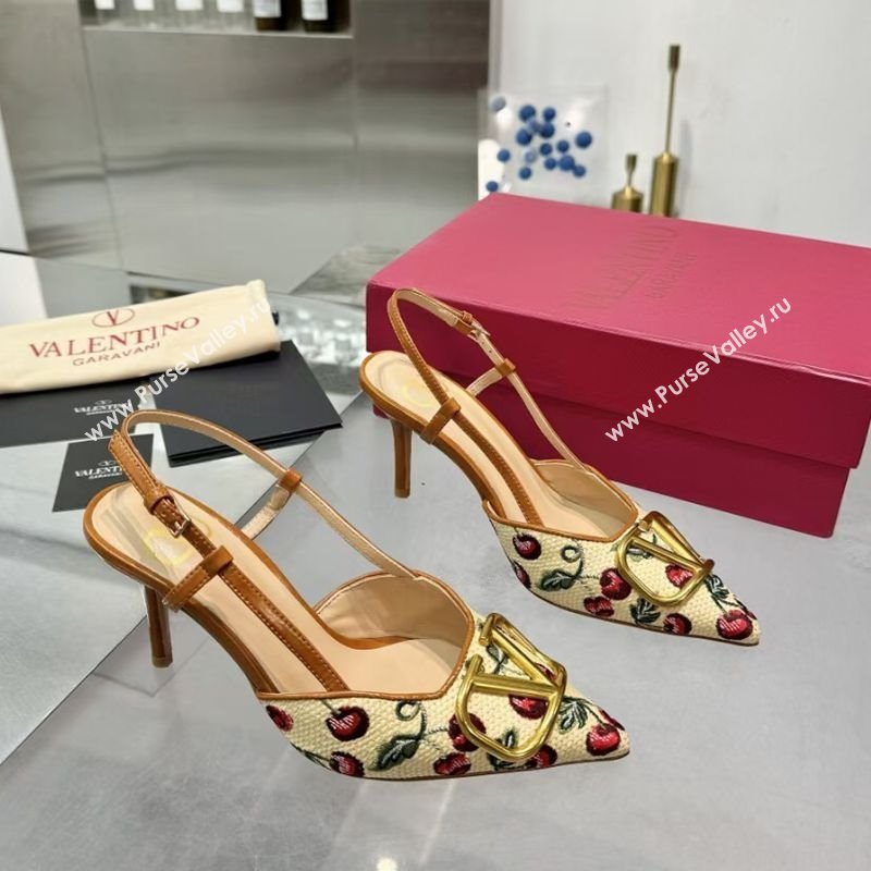 Valentino VLogo Signature Cherryfic Slingback Pumps 8cm in Jacquard Synthetic Raffia Brown 2025 (XL-250428038)