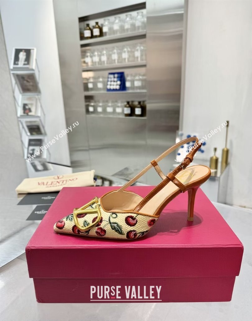 Valentino VLogo Signature Cherryfic Slingback Pumps 8cm in Jacquard Synthetic Raffia Brown 2025 (XL-250428038)