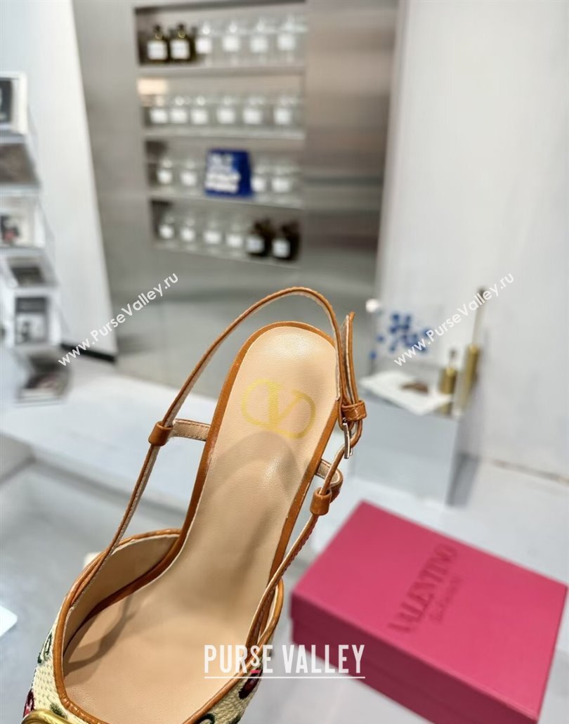 Valentino VLogo Signature Cherryfic Slingback Pumps 8cm in Jacquard Synthetic Raffia Brown 2025 (XL-250428038)