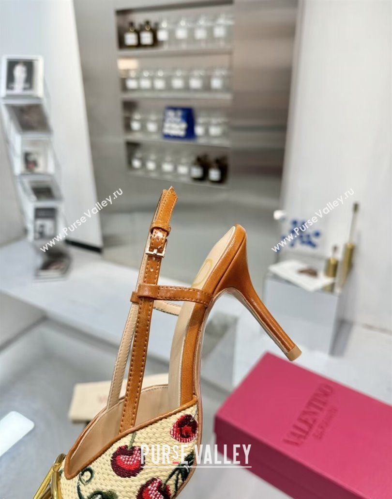 Valentino VLogo Signature Cherryfic Slingback Pumps 8cm in Jacquard Synthetic Raffia Brown 2025 (XL-250428038)