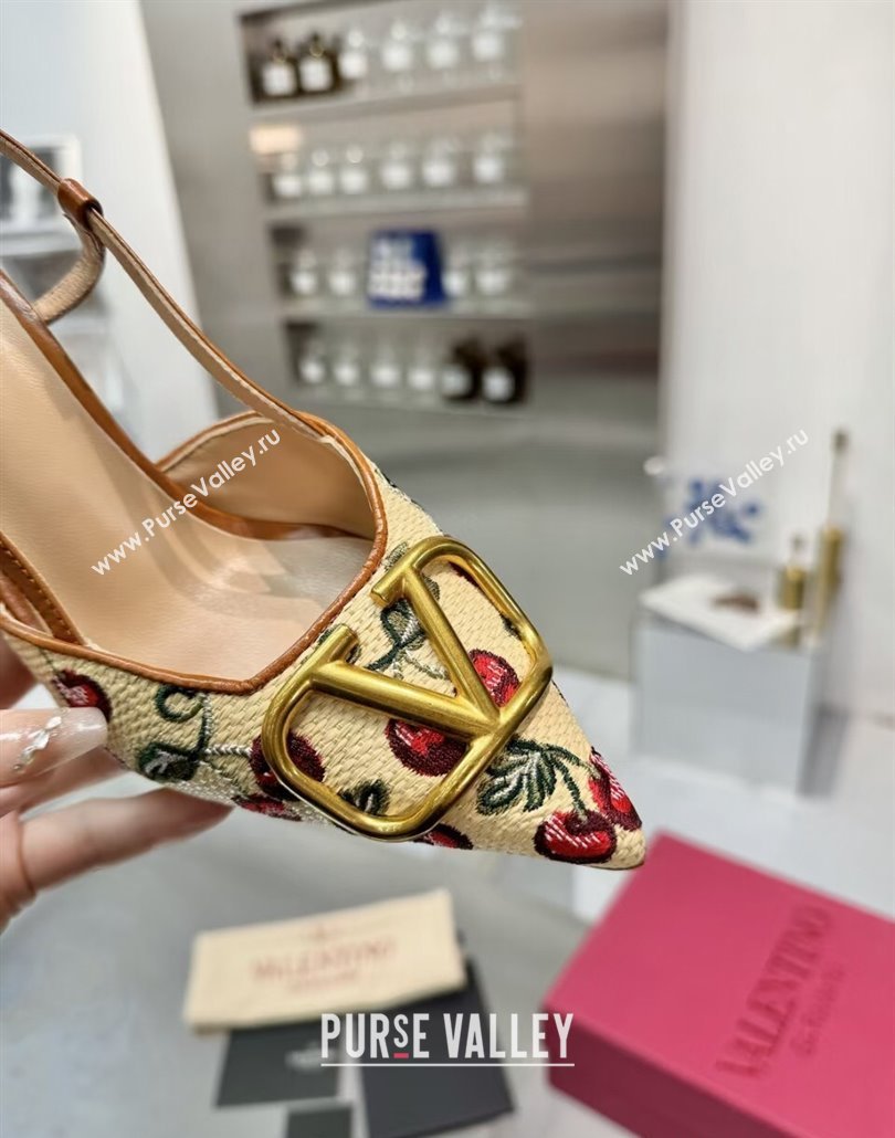 Valentino VLogo Signature Cherryfic Slingback Pumps 8cm in Jacquard Synthetic Raffia Brown 2025 (XL-250428038)