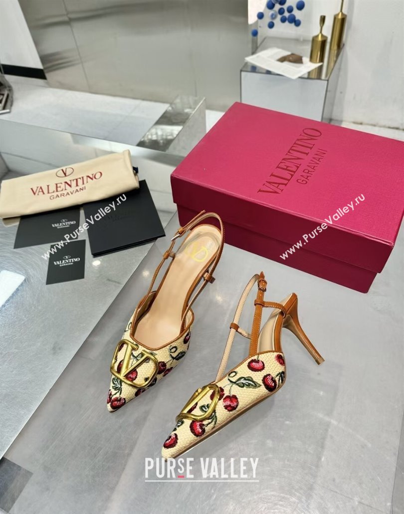 Valentino VLogo Signature Cherryfic Slingback Pumps 8cm in Jacquard Synthetic Raffia Brown 2025 (XL-250428038)