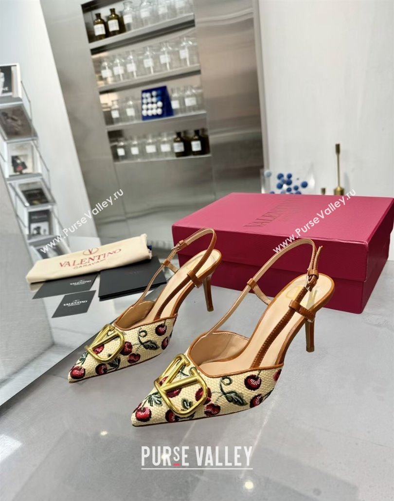Valentino VLogo Signature Cherryfic Slingback Pumps 8cm in Jacquard Synthetic Raffia Brown 2025 (XL-250428038)