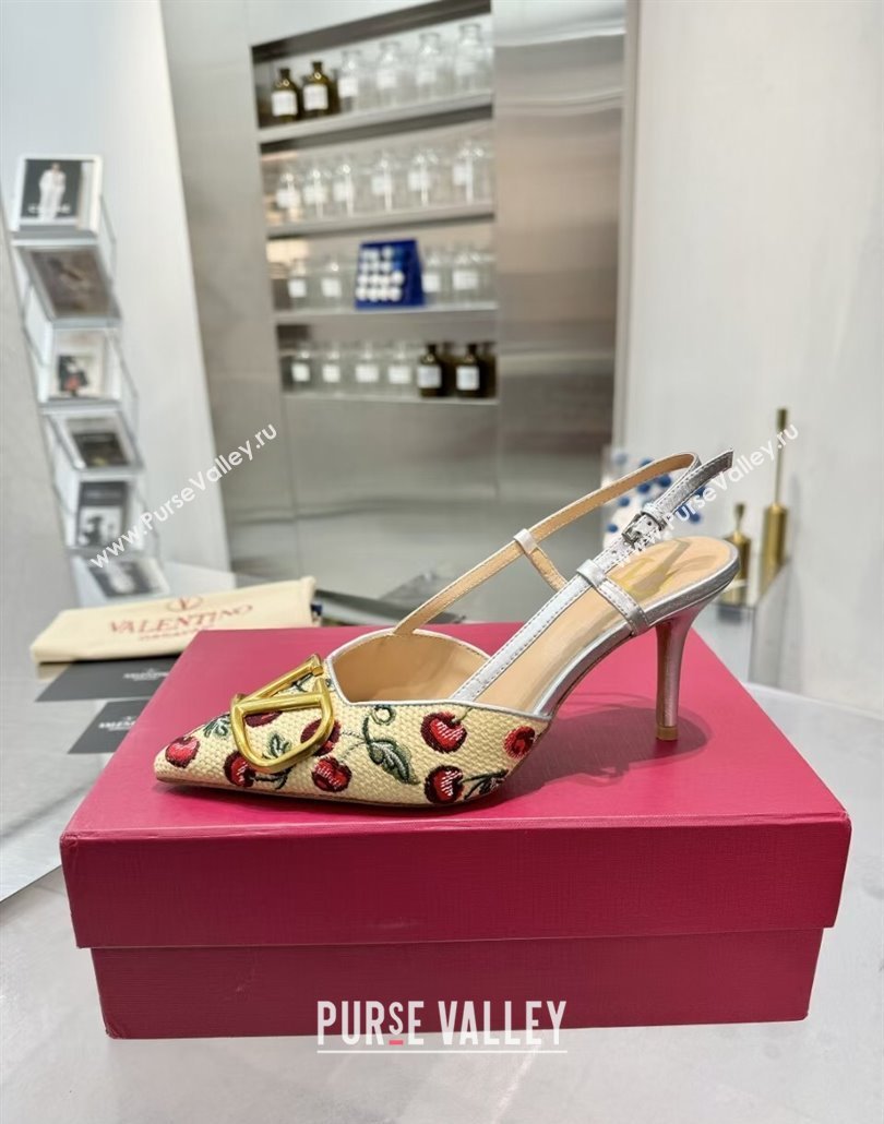 Valentino VLogo Signature Cherryfic Slingback Pumps 8cm in Jacquard Synthetic Raffia Silver 2025 (XL-250428039)