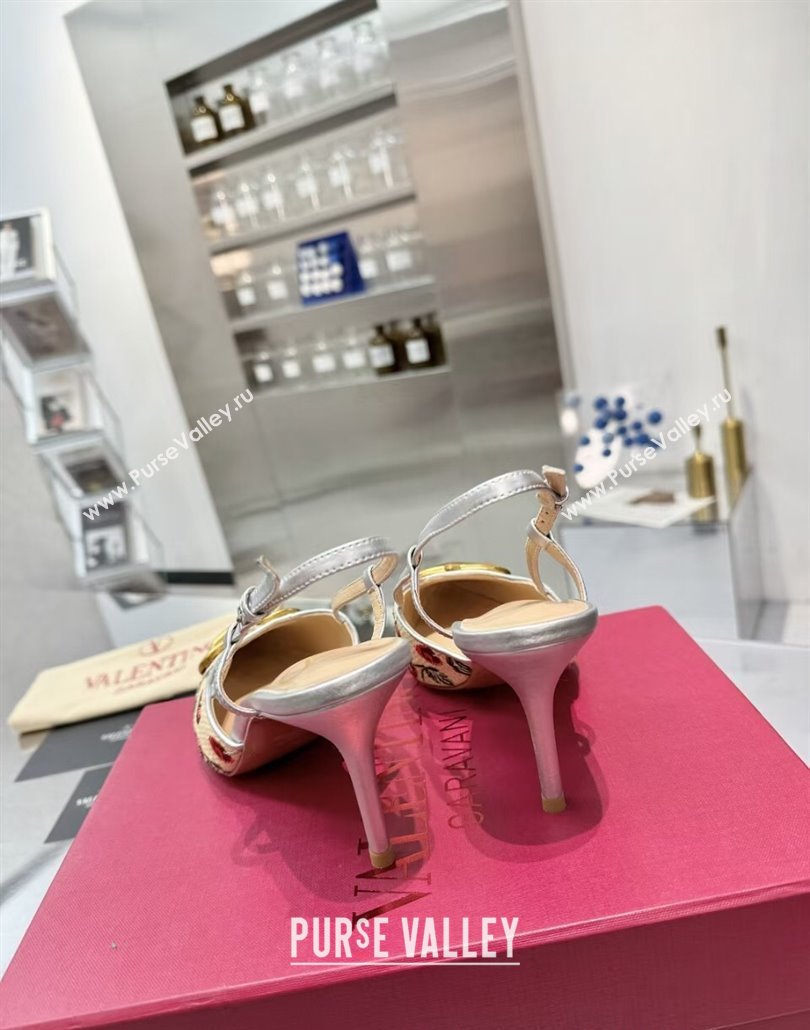 Valentino VLogo Signature Cherryfic Slingback Pumps 8cm in Jacquard Synthetic Raffia Silver 2025 (XL-250428039)