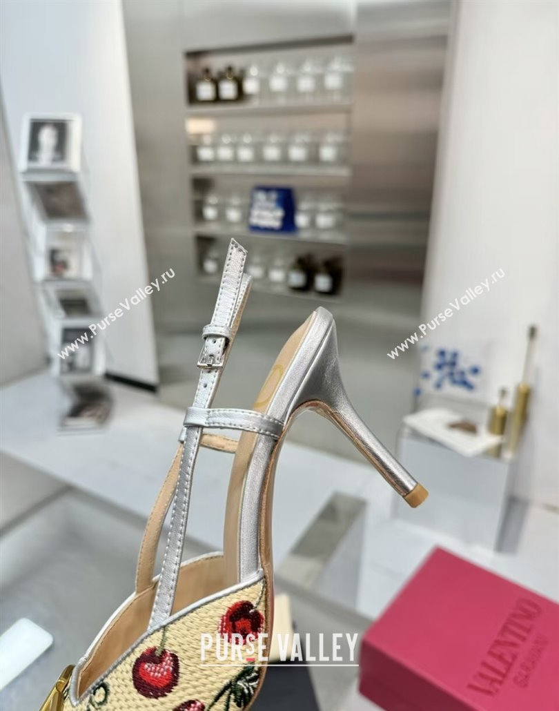 Valentino VLogo Signature Cherryfic Slingback Pumps 8cm in Jacquard Synthetic Raffia Silver 2025 (XL-250428039)