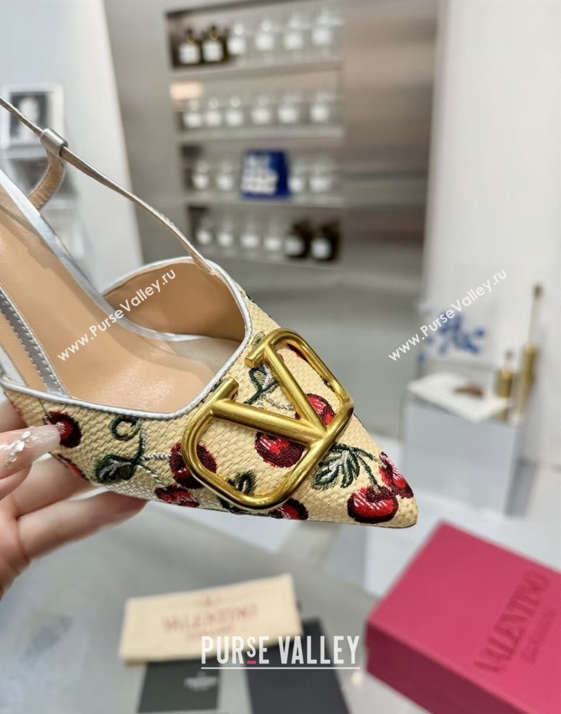 Valentino VLogo Signature Cherryfic Slingback Pumps 8cm in Jacquard Synthetic Raffia Silver 2025 (XL-250428039)