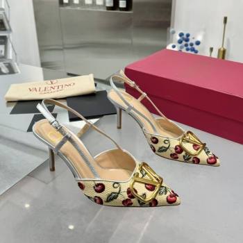 Valentino VLogo Signature Cherryfic Slingback Pumps 8cm in Jacquard Synthetic Raffia Silver 2025 (XL-250428039)