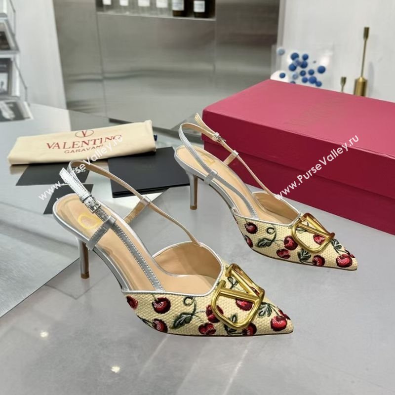Valentino VLogo Signature Cherryfic Slingback Pumps 8cm in Jacquard Synthetic Raffia Silver 2025 (XL-250428039)