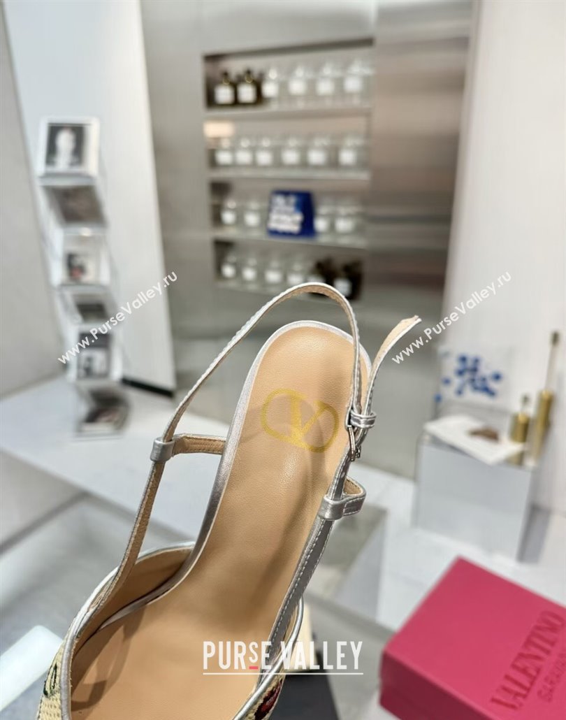 Valentino VLogo Signature Cherryfic Slingback Pumps 8cm in Jacquard Synthetic Raffia Silver 2025 (XL-250428039)