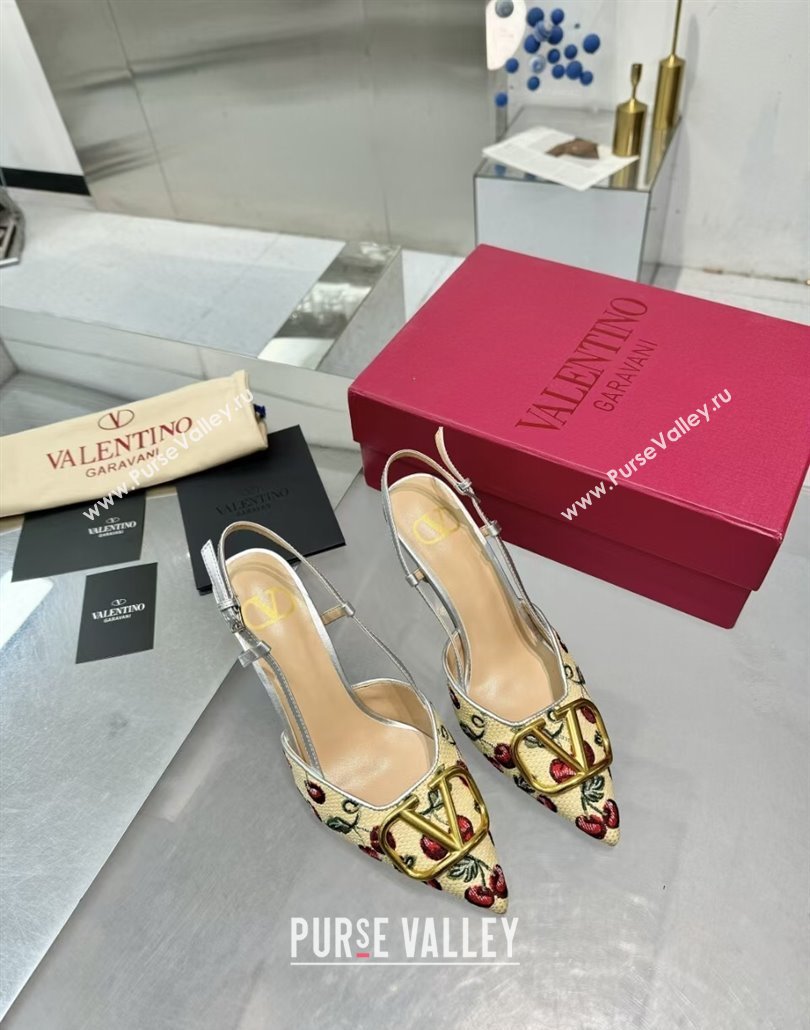 Valentino VLogo Signature Cherryfic Slingback Pumps 8cm in Jacquard Synthetic Raffia Silver 2025 (XL-250428039)
