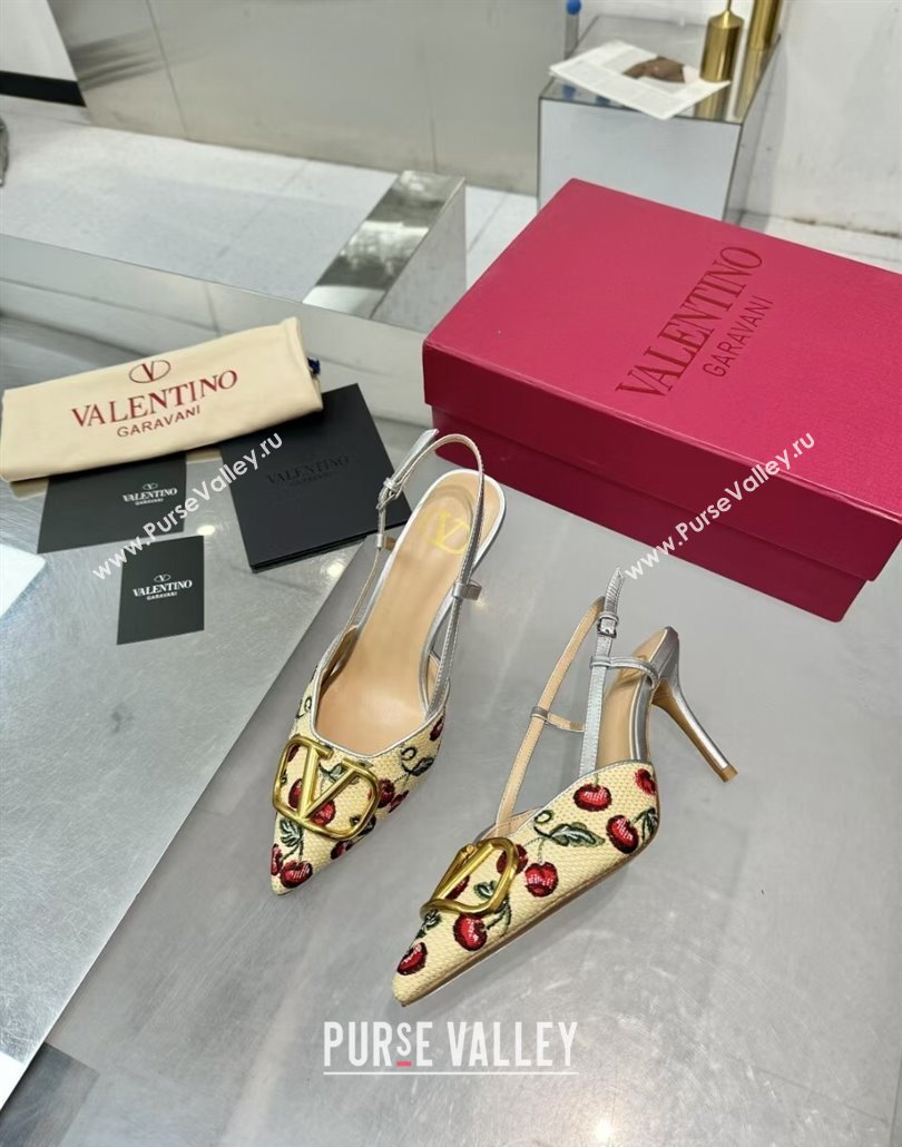 Valentino VLogo Signature Cherryfic Slingback Pumps 8cm in Jacquard Synthetic Raffia Silver 2025 (XL-250428039)