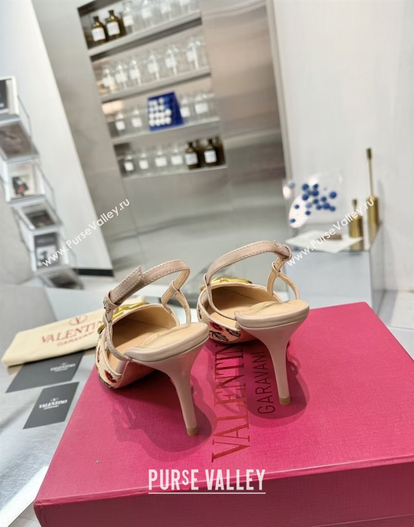 Valentino VLogo Signature Cherryfic Slingback Pumps 8cm in Jacquard Synthetic Raffia Dusty Pink 2025 (XL-250428040)