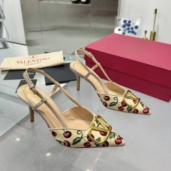 Valentino VLogo Signature Cherryfic Slingback Pumps 8cm in Jacquard Synthetic Raffia Dusty Pink 2025 (XL-250428040)