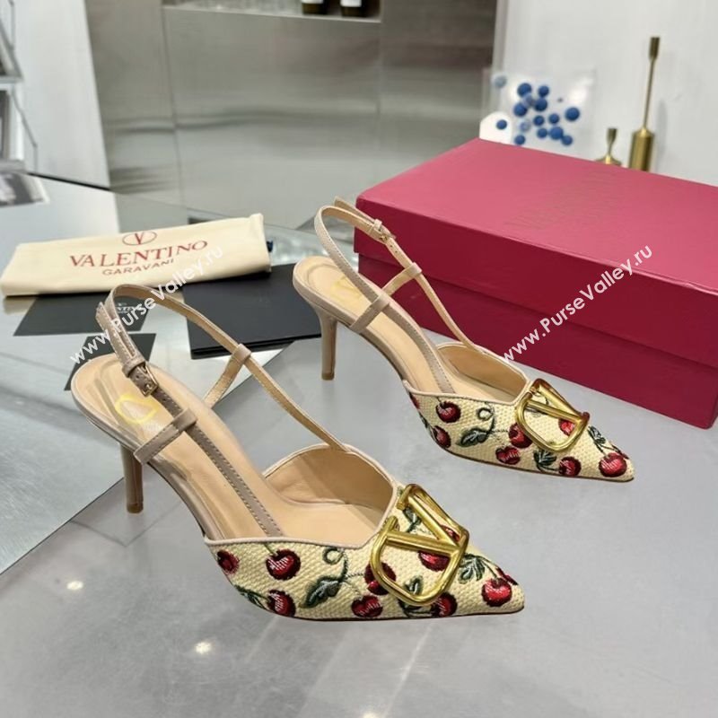 Valentino VLogo Signature Cherryfic Slingback Pumps 8cm in Jacquard Synthetic Raffia Dusty Pink 2025 (XL-250428040)