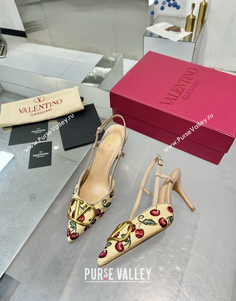 Valentino VLogo Signature Cherryfic Slingback Pumps 8cm in Jacquard Synthetic Raffia Dusty Pink 2025 (XL-250428040)