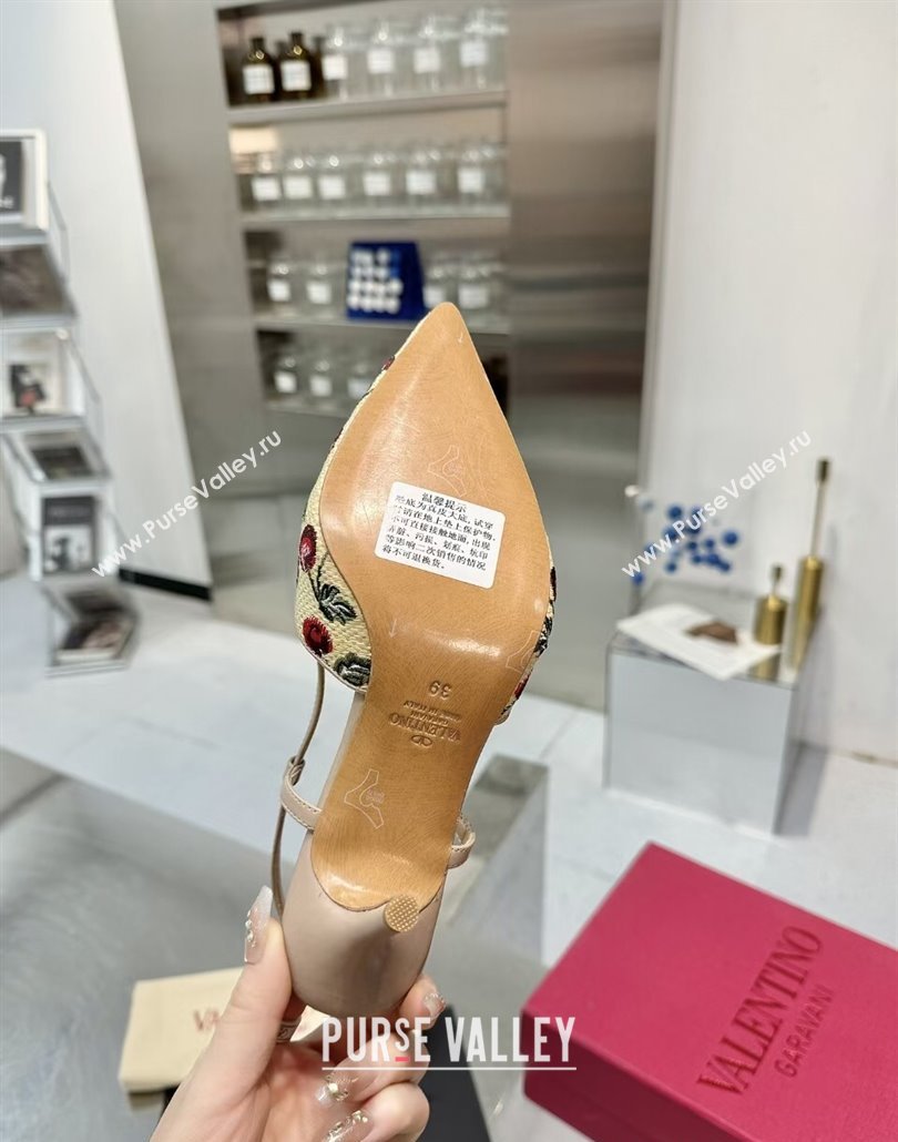 Valentino VLogo Signature Cherryfic Slingback Pumps 8cm in Jacquard Synthetic Raffia Dusty Pink 2025 (XL-250428040)