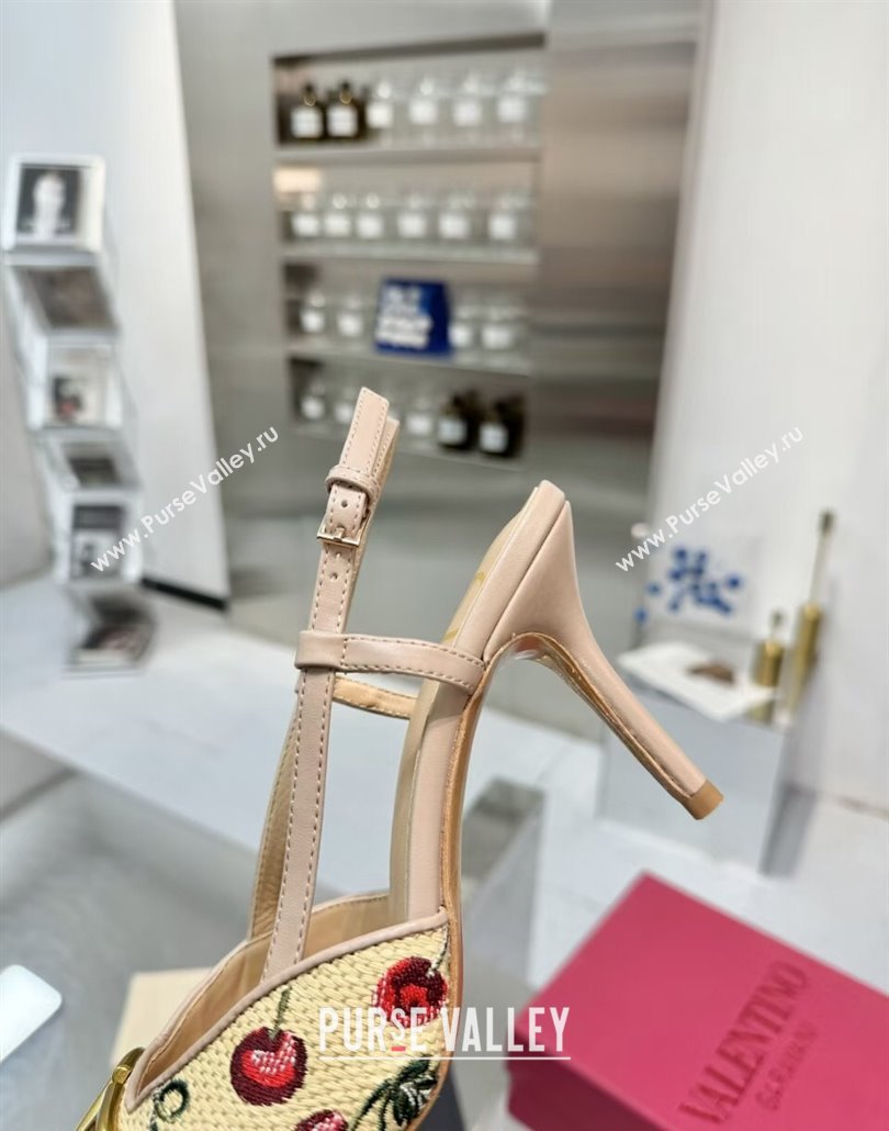 Valentino VLogo Signature Cherryfic Slingback Pumps 8cm in Jacquard Synthetic Raffia Dusty Pink 2025 (XL-250428040)