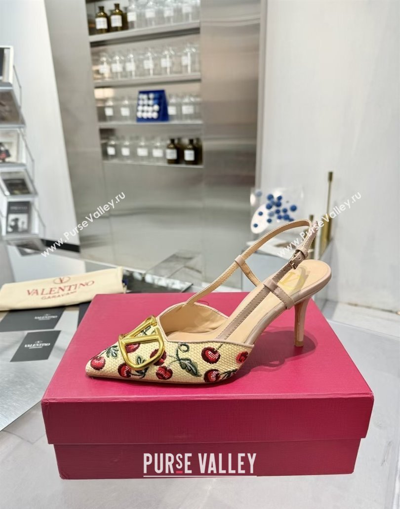 Valentino VLogo Signature Cherryfic Slingback Pumps 8cm in Jacquard Synthetic Raffia Dusty Pink 2025 (XL-250428040)