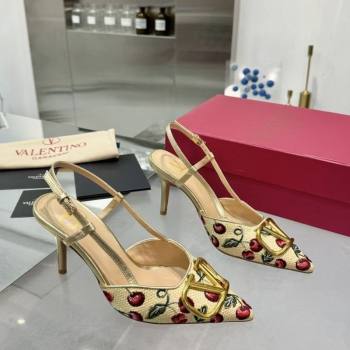 Valentino VLogo Signature Cherryfic Slingback Pumps 8cm in Jacquard Synthetic Raffia Gold 2025 (XL-250428041)