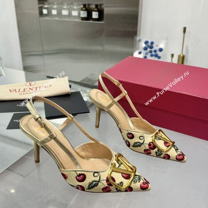 Valentino VLogo Signature Cherryfic Slingback Pumps 8cm in Jacquard Synthetic Raffia Gold 2025 (XL-250428041)
