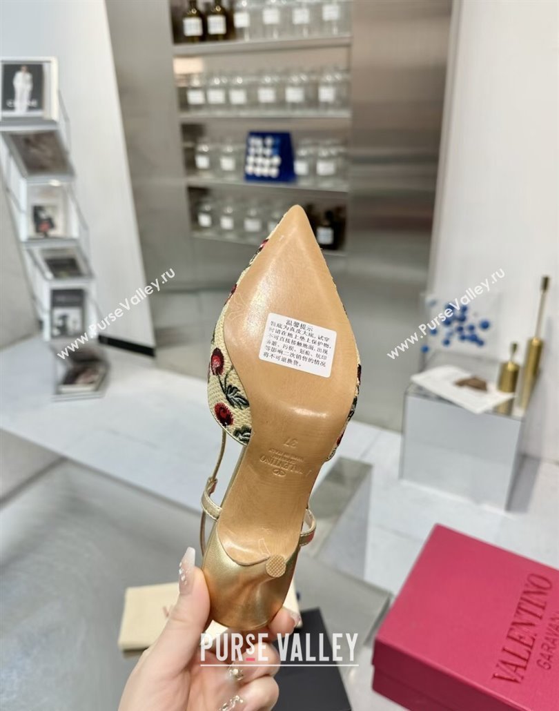 Valentino VLogo Signature Cherryfic Slingback Pumps 8cm in Jacquard Synthetic Raffia Gold 2025 (XL-250428041)