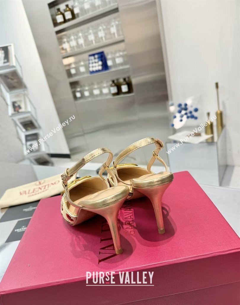 Valentino VLogo Signature Cherryfic Slingback Pumps 8cm in Jacquard Synthetic Raffia Gold 2025 (XL-250428041)