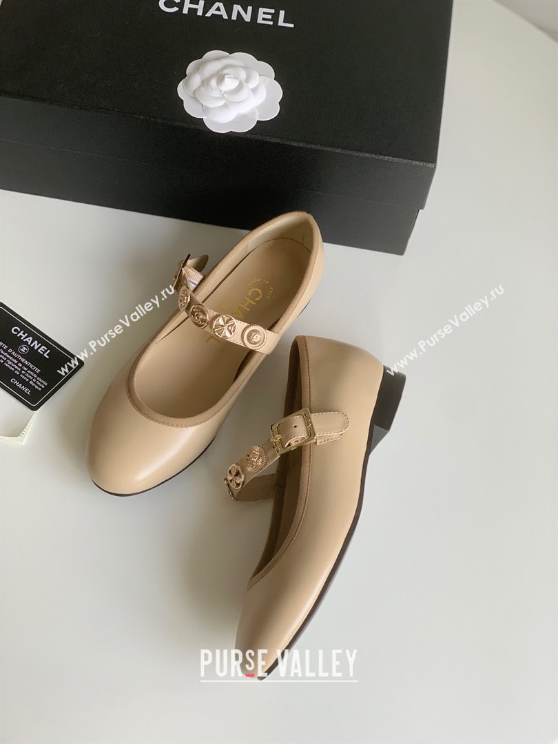 Chanel Mary Janes Shoes with Badge in Calfskin Leather Beige 2024 (Y30-24031106)