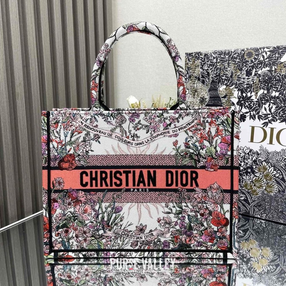 Dior Medium Book Tote Bag Bag in Ecru Multicolor Dior 4 Saisons Printemps Soleil Pink 2024 (DMZ-24062812)