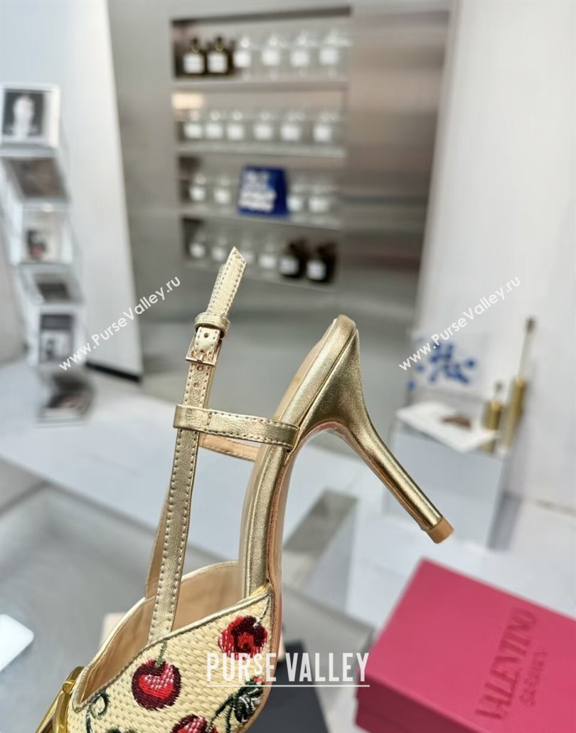 Valentino VLogo Signature Cherryfic Slingback Pumps 8cm in Jacquard Synthetic Raffia Gold 2025 (XL-250428041)