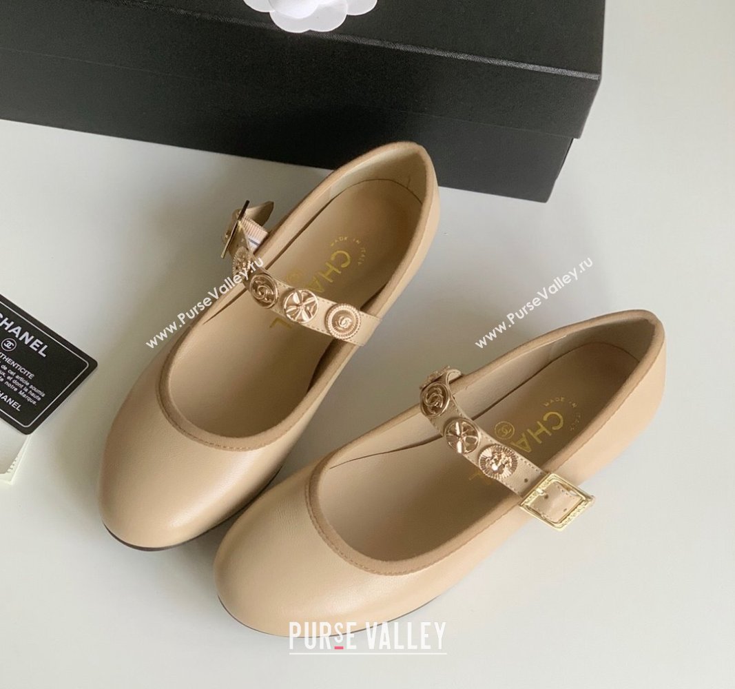 Chanel Mary Janes Shoes with Badge in Calfskin Leather Beige 2024 (Y30-24031106)