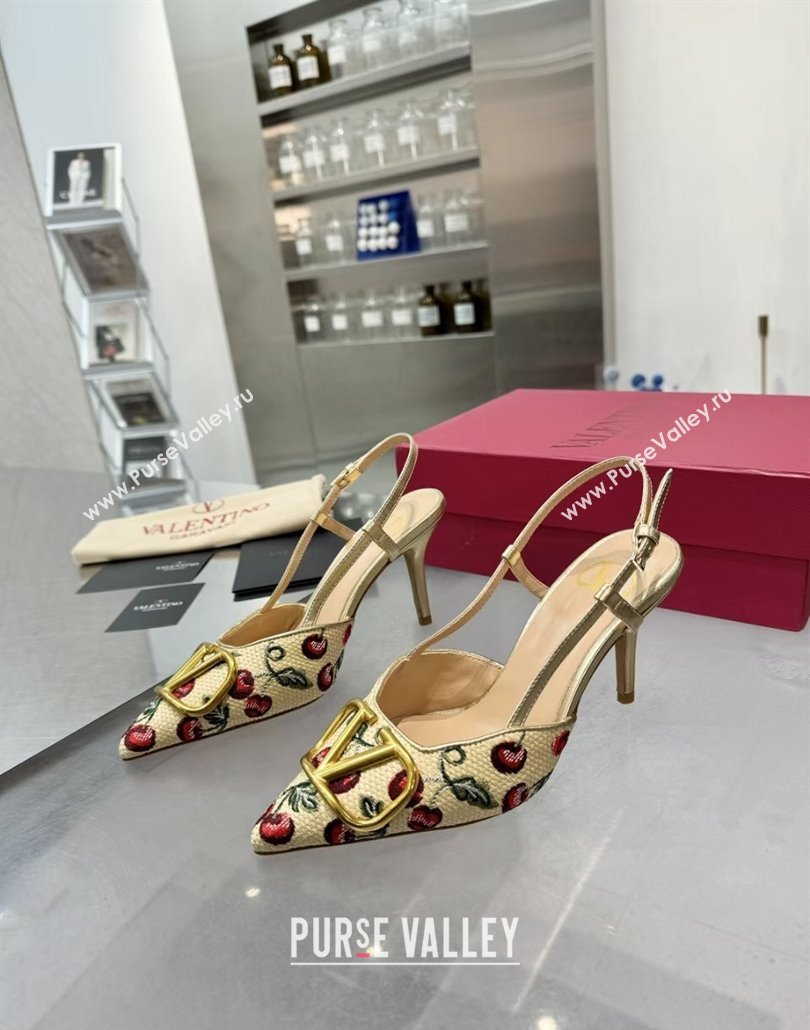 Valentino VLogo Signature Cherryfic Slingback Pumps 8cm in Jacquard Synthetic Raffia Gold 2025 (XL-250428041)