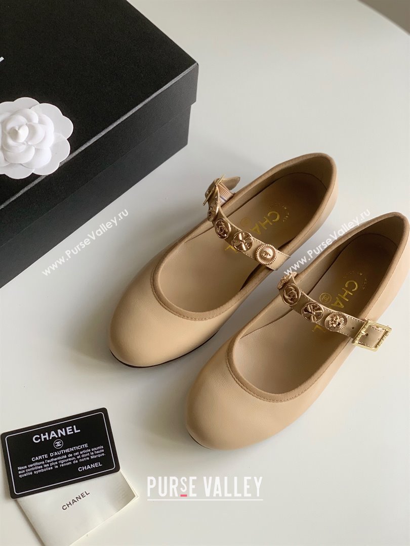 Chanel Mary Janes Shoes with Badge in Calfskin Leather Beige 2024 (Y30-24031106)