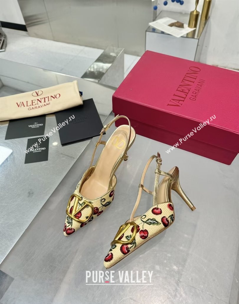 Valentino VLogo Signature Cherryfic Slingback Pumps 8cm in Jacquard Synthetic Raffia Gold 2025 (XL-250428041)
