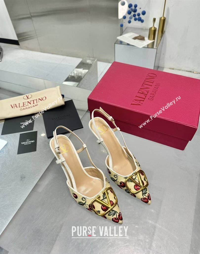 Valentino VLogo Signature Cherryfic Slingback Pumps 8cm in Jacquard Synthetic Raffia White 2025 (XL-250428042)