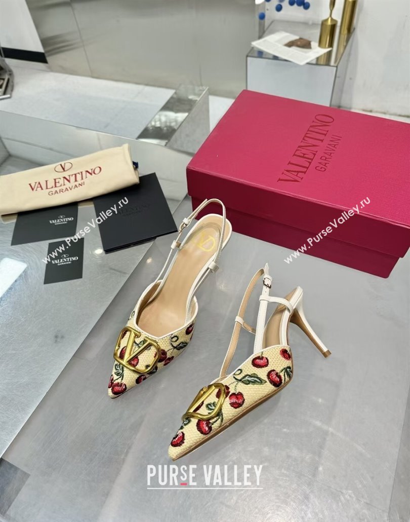 Valentino VLogo Signature Cherryfic Slingback Pumps 8cm in Jacquard Synthetic Raffia White 2025 (XL-250428042)