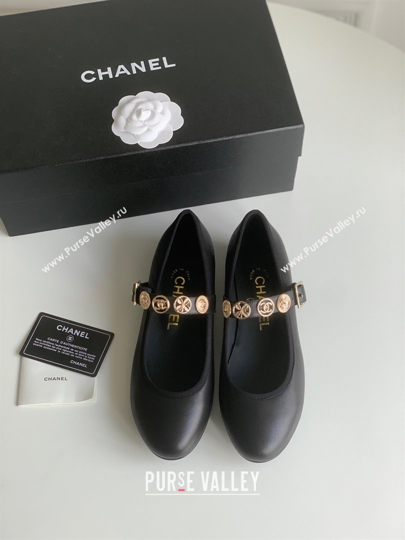 Chanel Mary Janes Shoes with Badge in Calfskin Leather Black 2024 (Y30-24031105)